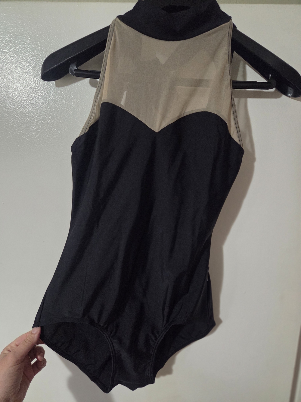 Black High-Neck One-Piece Ballet Suit with Nude Mesh Panel